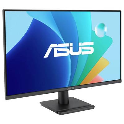 ASUS-Monitor mit elegantem schwarzem Ständer, der einen farbenfrohen abstrakten Hintergrund mit blauen, grünen und orangefarbenen Formen zeigt.