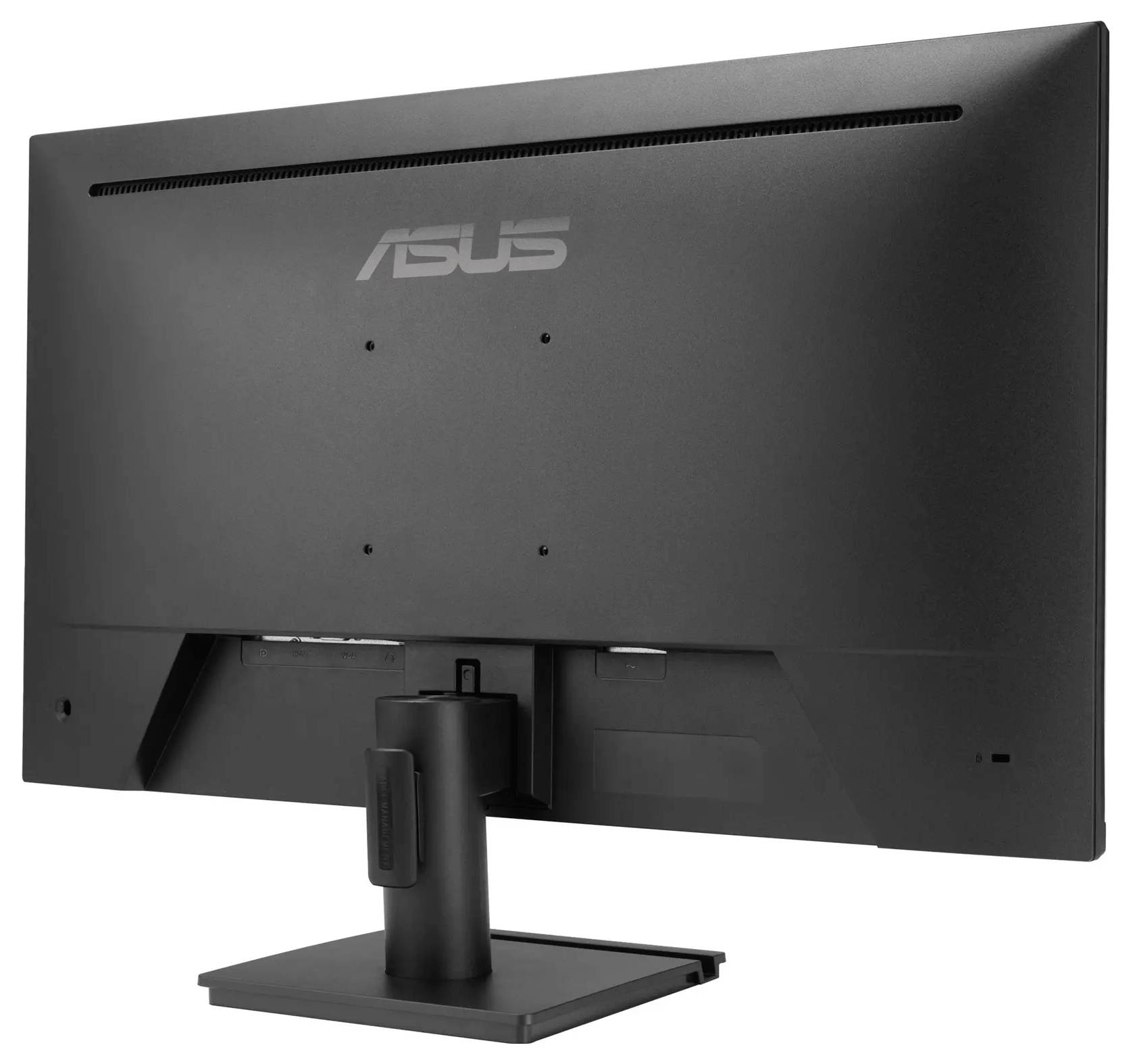 Ein schwarzer Computermonitor der Marke 'ASUS', der auf einem rechteckigen Ständer steht und von hinten betrachtet wird.