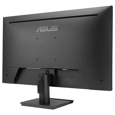 Ein schwarzer Computermonitor der Marke 'ASUS', der auf einem rechteckigen Ständer steht und von hinten betrachtet wird.