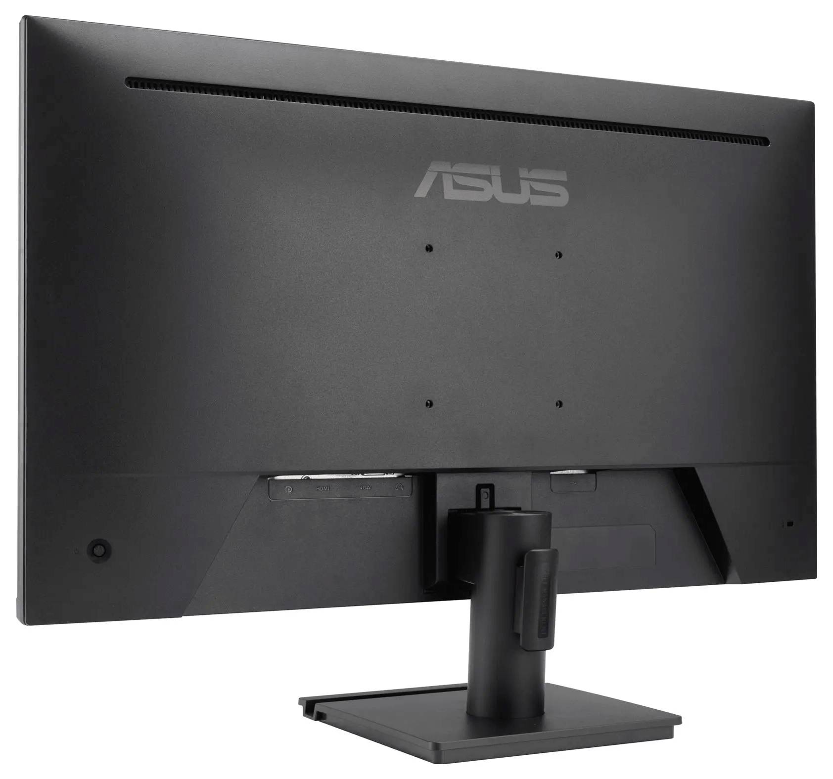 Das Bild zeigt die Rückansicht eines schwarzen ASUS-Computermonitors auf einem rechteckigen Ständer, auf dem das ASUS-Logo oben in der Mitte zu sehen ist.
