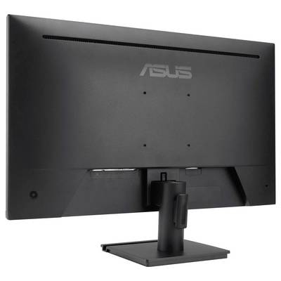 Das Bild zeigt die Rückansicht eines schwarzen ASUS-Computermonitors auf einem rechteckigen Ständer, auf dem das ASUS-Logo oben in der Mitte zu sehen ist.