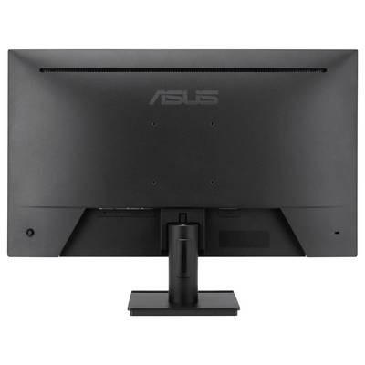 Rückansicht eines schwarzen Computermonitors auf einem Ständer, die Anschlüsse und Belüftungsöffnungen zeigend, mit dem ASUS-Logo in der Mitte oben sichtbar.