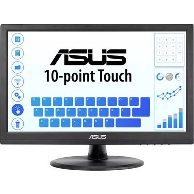 Ein Touchscreen-Monitor, der den Text "ASUS 10-Punkt-Touch" anzeigt, mit Symbolen für verschiedene Einstellungen und einer virtuellen Tastatur auf dem Bildschirm.