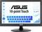 Ein Touchscreen-Monitor, der den Text "ASUS 10-Punkt-Touch" anzeigt, mit Symbolen für verschiedene Einstellungen und einer virtuellen Tastatur auf dem Bildschirm.