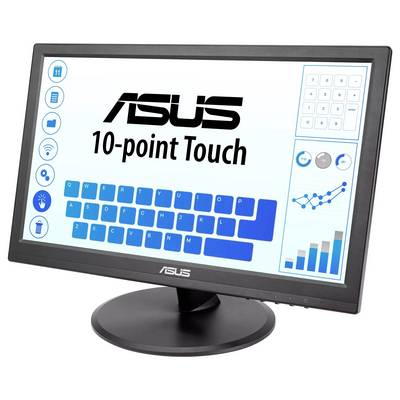 Ein Monitor, der "ASUS 10-Punkt-Touch" anzeigt, mit einer virtuellen Tastatur, verschiedenen App-Symbolen, einem Ziffernblock und Diagrammen auf dem Bildschirm.