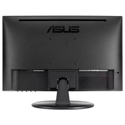 Das Bild zeigt die Rückansicht eines schwarzen Computermonitors mit einem ASUS-Logo in der oberen Mitte, einem Ständer und sichtbaren Anschlüssen.