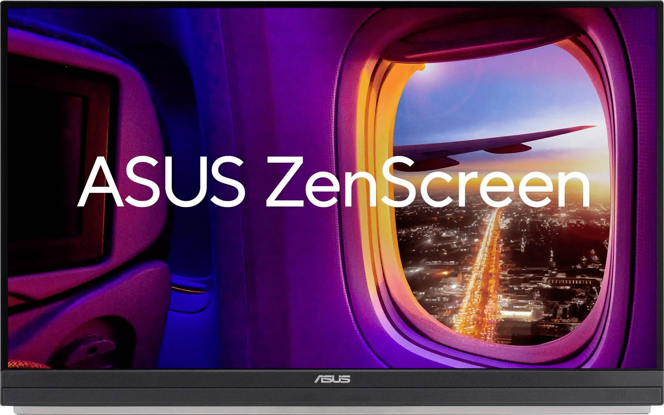 ASUS ZenScreen, die einen lebhaften Sonnenuntergang aus dem Flugzeugfenster zeigt und eine hell erleuchtete Stadtlandschaft darunter hervorhebt.