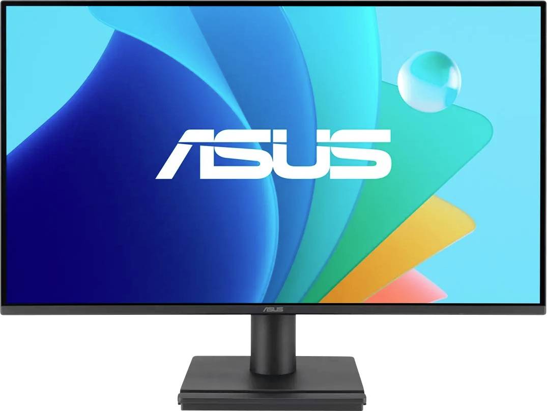 Ein Computermonitor, der einen bunten abstrakten Hintergrund zeigt, mit dem 'ASUS'-Logo, das zentriert auf dem Bildschirm platziert ist.