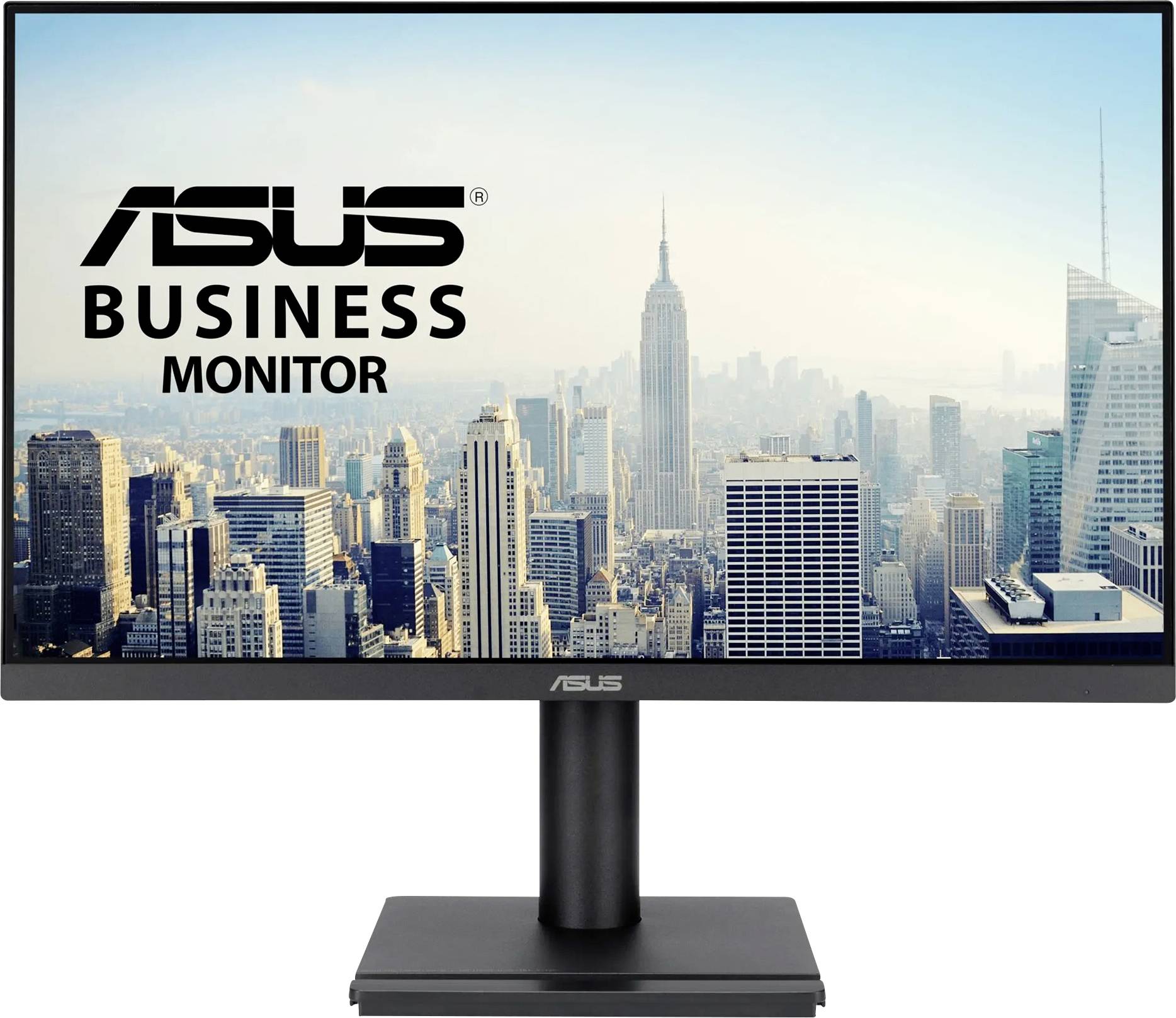 Ein Computermonitor, der eine Stadtsilhouette zeigt, mit der Beschriftung "ASUS BUSINESS MONITOR".