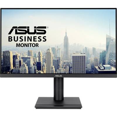 Ein Computermonitor, der eine Stadtsilhouette zeigt, mit der Beschriftung "ASUS BUSINESS MONITOR".