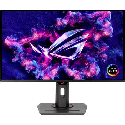 Ein Gaming-Monitor zeigt ein strahlendes ROG-Logo auf einem farbenfrohen pink-blauen kosmischen Hintergrund und betont dabei sein OLED-Bildschirm-Feature.