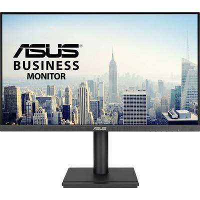 Ein Computermonitor zeigt eine Stadtsilhouette mit der Beschriftung "ASUS Business Monitor".