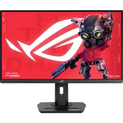 Ein Gaming-Monitor, der einen rotthematisierten Bildschirm zeigt, mit einer Roboterfigur, die eine futuristische Waffe hält, versehen mit dem ROG-Logo und dem Schriftzug „Für diejenigen, die sich trauen".