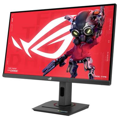 Ein Computermonitor zeigt einen rot-gefärbten Bildschirm mit einer Roboterfigur, die eine Waffe hält, und dem Text "Für diejenigen, die sich trauen".