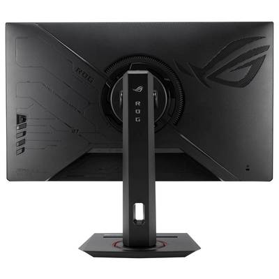 Ein schwarzer Gaming-Monitor von hinten betrachtet, mit elegantem Design, scharfkantigen Mustern, Logo und einer verstellbaren Standfunktion.