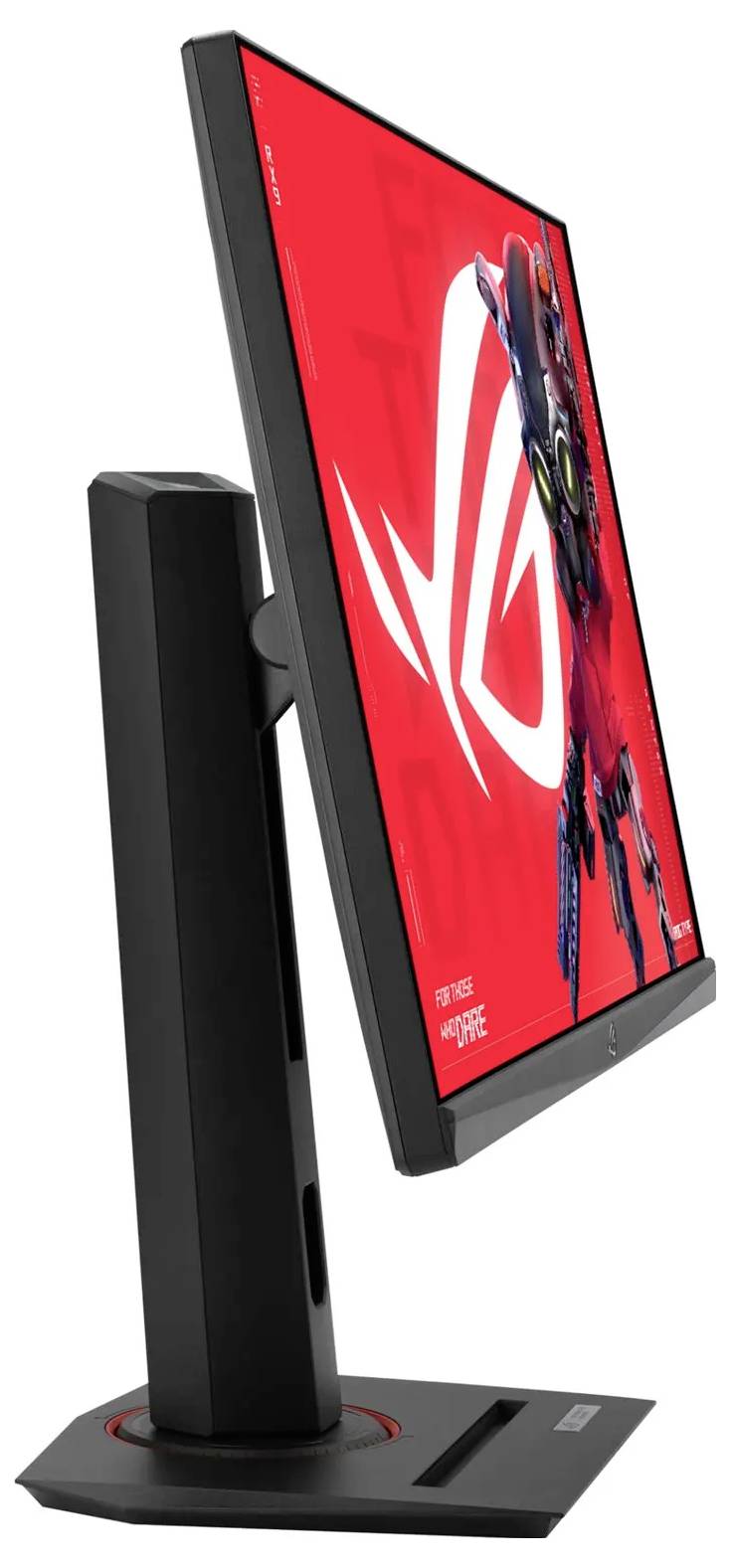 Ein schwarzer Gaming-Monitor mit einem roten Bildschirm, auf dem ein grafisches Logo und eine Roboterfigur zu sehen sind, von der Seite betrachtet, wobei sein verstellbarer Ständer präsentiert wird.