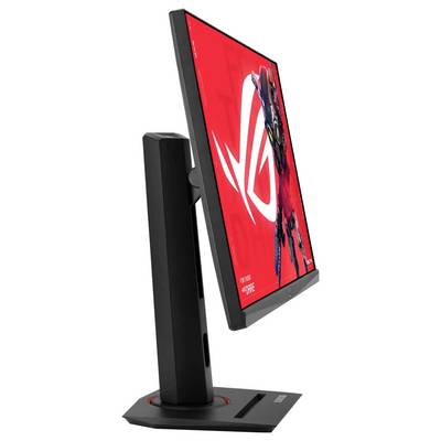 Ein schwarzer Gaming-Monitor mit einem roten Bildschirm, auf dem ein grafisches Logo und eine Roboterfigur zu sehen sind, von der Seite betrachtet, wobei sein verstellbarer Ständer präsentiert wird.