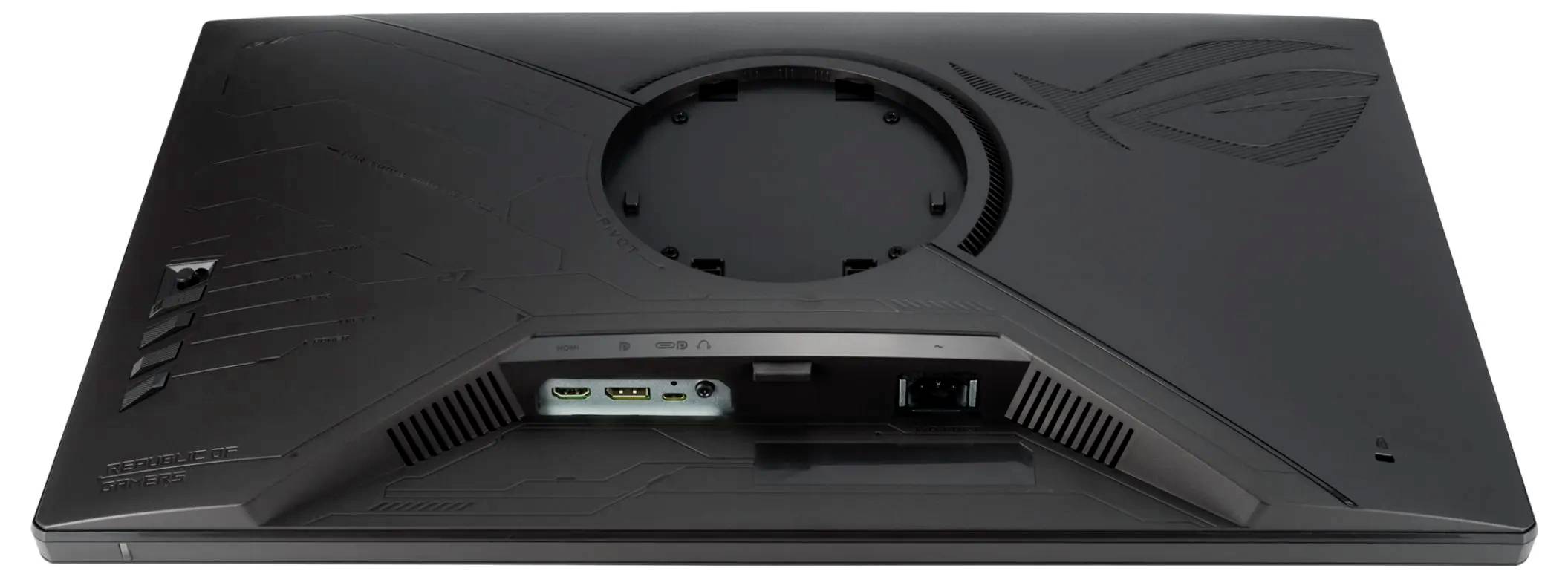 Ein Monitor von hinten betrachtet, der Anschlüsse für HDMI und DisplayPort sowie Belüftungsdetails zeigt.