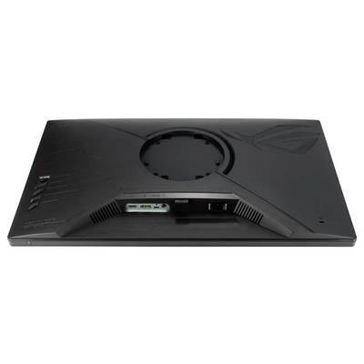 Ein Monitor von hinten betrachtet, der Anschlüsse für HDMI und DisplayPort sowie Belüftungsdetails zeigt.