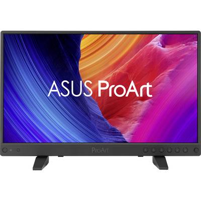 Ein Monitor, der abstrakte Kunst mit blauen, orangefarbenen und pinken Wirbeln in lebhaften Farben zeigt. Der Text 'ASUS ProArt' ist mittig auf dem Bildschirm platziert.