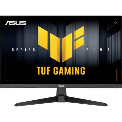 Monitor, der das Logo der 'ASUS TUF Gaming Series Five' mit einem großen gelben 'V'-Symbol in der Mitte anzeigt.