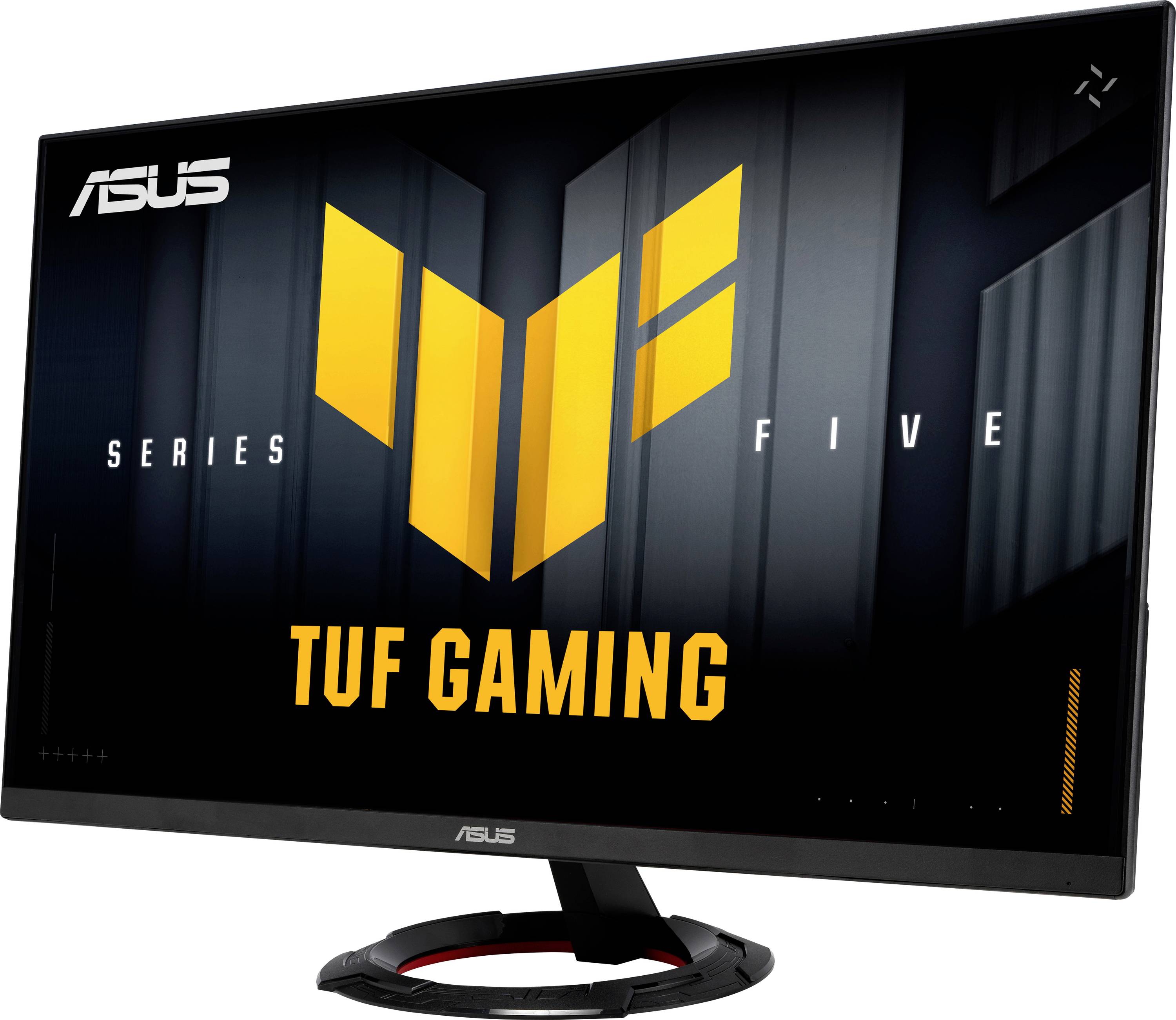ASUS TUF Gaming-Monitor, der die "Series Five" präsentiert, mit einem schlanken, kantig-dynamischen Design. In Schwarz mit orangefarbenen Akzenten, was auf leistungsorientierte Merkmale hindeutet.