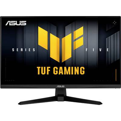 ASUS TUF Gaming Series Five Monitor mit einem V-förmigen gelben Logo auf dem Bildschirm, der Gaming-Funktionen betont.