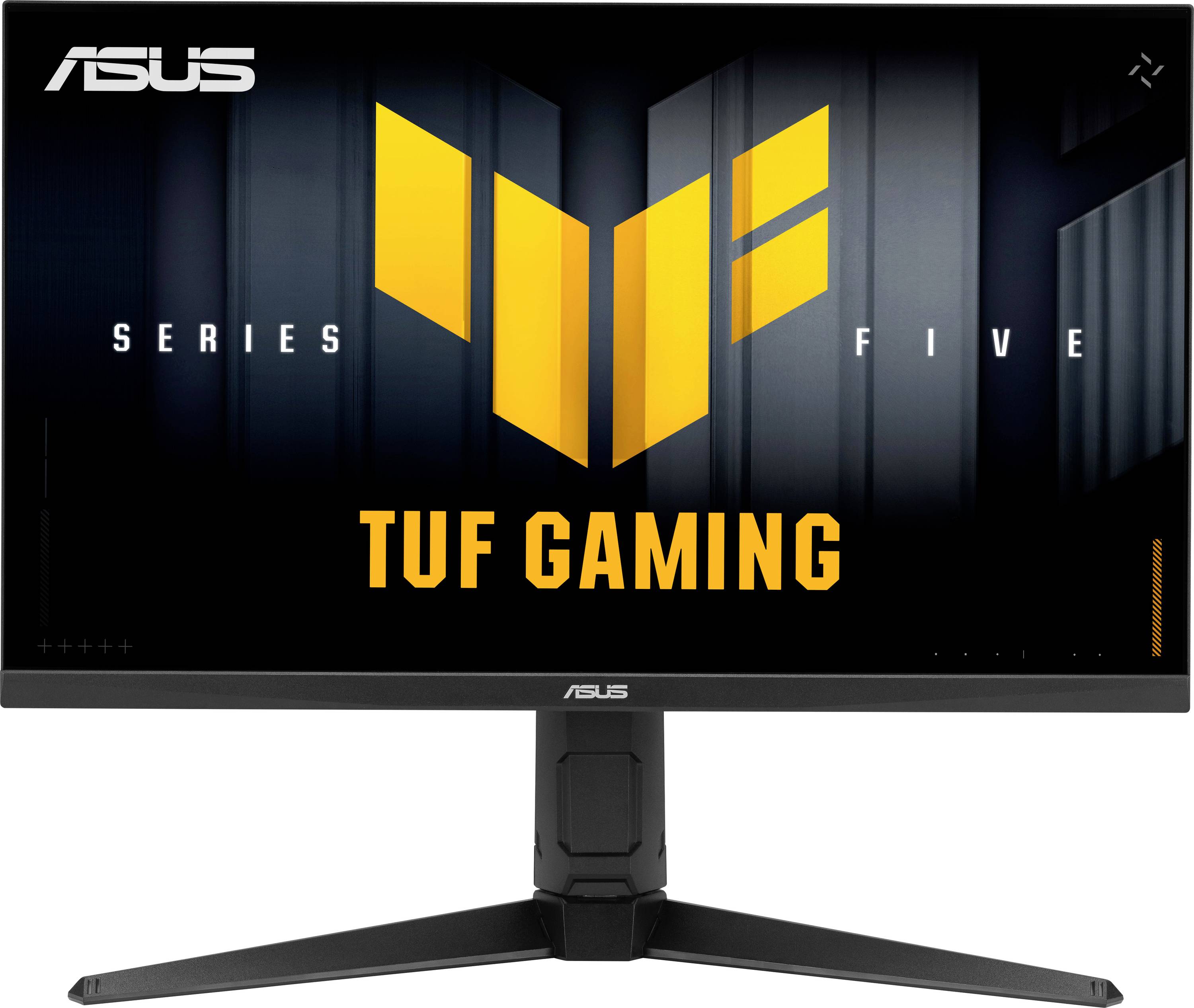 ASUS TUF Gaming Serie Fünf-Monitor mit einem markanten gelben 'V'-Logo auf dem Bildschirm, der einen robusten Ständer und ein schlankes Design hervorhebt.