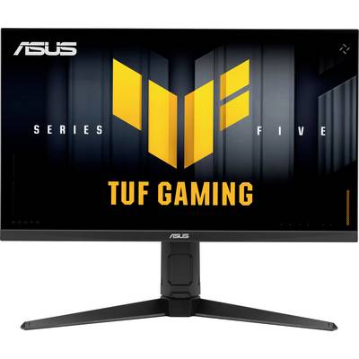 ASUS TUF Gaming Serie Fünf-Monitor mit einem markanten gelben 'V'-Logo auf dem Bildschirm, der einen robusten Ständer und ein schlankes Design hervorhebt.