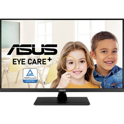 Ein Computermonitor, der ein Bild von zwei lächelnden Kindern in einem Klassenzimmer zeigt. Text lautet 'ASUS Eye Care+' und 'TÜV Rheinland zertifiziert'.
