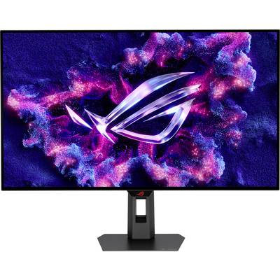 Ein Gaming-Monitor, der eine lebendige, abstrakte Darstellung mit leuchtend pinken und blauen Elementen zeigt, die ein stilisiertes Logo in der Mitte umgeben.