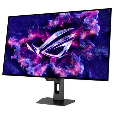 Ein Gaming-Monitor, der ein leuchtendes, futuristisches Logo mit rosa und lila kosmischen Wolkenmustern vor einem dunklen Hintergrund zeigt.