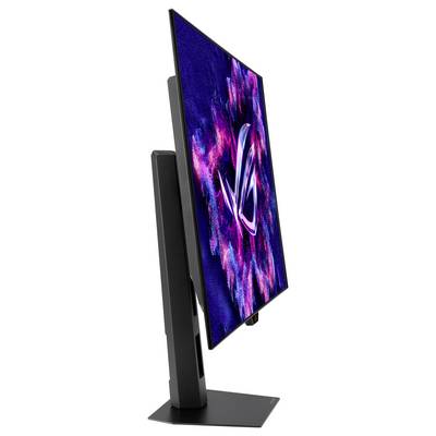 Eine Seitenansicht eines Gaming-Monitors, der ein abstraktes, farbenfrohes Design auf dem Bildschirm zeigt, montiert auf einem schlanken, kantig geformten Ständer.