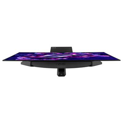 Ein futuristischer Gaming-Monitor mit elegantem Design zeigt farbenfrohe Grafiken. Die Modellnummer ‚Z06' ist auf der Vorderseite sichtbar.