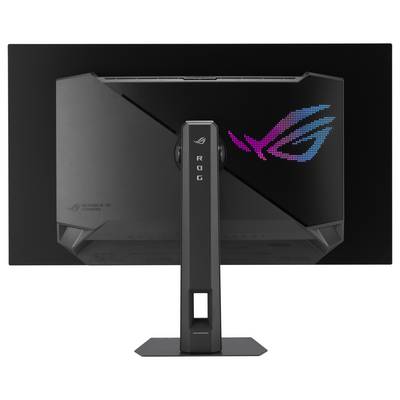 Eine Gaming-Monitor-Rückansicht zeigt ein schlankes Design mit einem zentralen Ständer und beleuchtetem ROG-Logo in Rosa und Blau auf dem Rückenpanel.