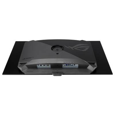 Rückansicht eines Flachbildschirms mit Anschlüssen wie HDMI, DisplayPort und USB.