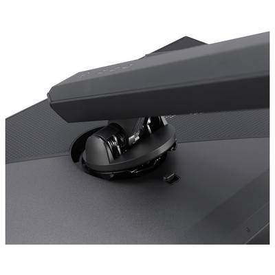Eine Nahaufnahme des verstellbaren Ständermechanismus eines Computermonitors, die die Gelenkkonstruktion und Basisanbindung für flexible Positionierung hervorhebt.
