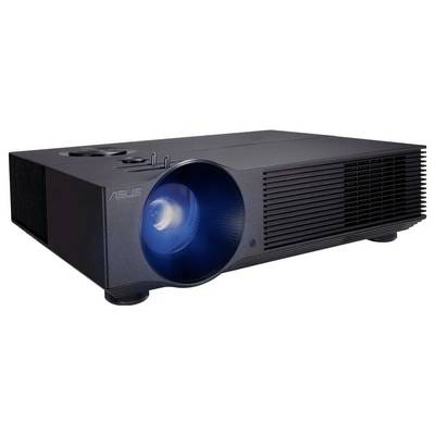 Ein schwarzer Projektor mit einem blauen Linsenlicht, das anzeigt, dass er eingeschaltet ist, positioniert auf einer flachen Oberfläche.