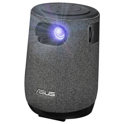 Ein tragbarer, grauer Asus-Projektor mit Stoffstruktur, der blaues Licht ausstrahlt. Die Oberseite verfügt über Bedienungsknöpfe.