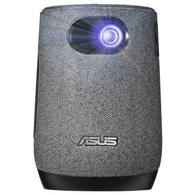 Ein grauer ASUS-Projektor mit einer strukturierten Stoffoberfläche wirft ein blaues Licht.