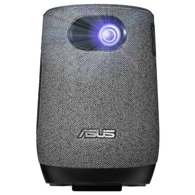 Ein tragbarer grauer Projektor mit Stoffbezug, der Licht aus seiner Linse projiziert und das ASUS-Logo an der Vorderseite trägt.