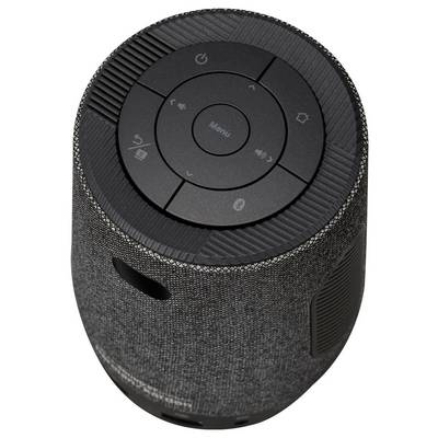 Ein zylindrischer grauer Bluetooth-Lautsprecher mit Bedienungstasten auf der Oberseite, einschließlich Ein/Aus-, Menü-, Wiedergabe- und Lautstärkesteuerung.