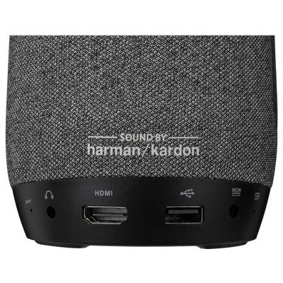 Nahaufnahme des unteren Panels eines Lautsprechers mit strukturiertem Stoff und Anschlüssen: Kopfhörerbuchse, HDMI, USB und Stromanschluss.