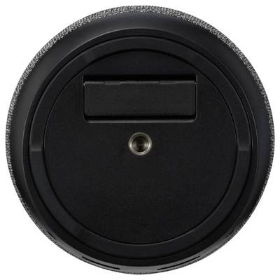 Draufsicht eines runden, schwarzen tragbaren Bluetooth-Lautsprechers mit Stoffbezug und Bedienungstasten an der Seite.