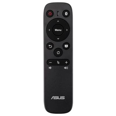 Eine schwarze Asus-Fernbedienung mit Tasten für Ein/Aus, Menünavigation, Lautstärke, Startbildschirm und Medienfunktionen.