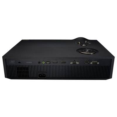 Ein schwarzes elektronisches Gerät mit mehreren Anschlüssen, darunter HDMI, USB und VGA, wird von hinten gezeigt.