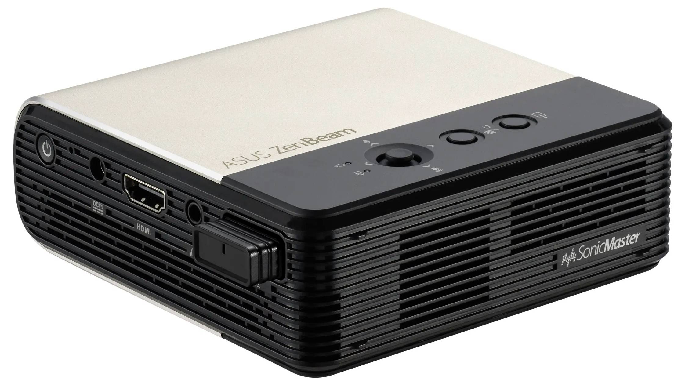 Tragbarer Projektor mit Anschlüssen und Bedienungstasten auf der Oberseite, beschriftet mit 'ASUS ZenBeam' und 'SonicMaster'.