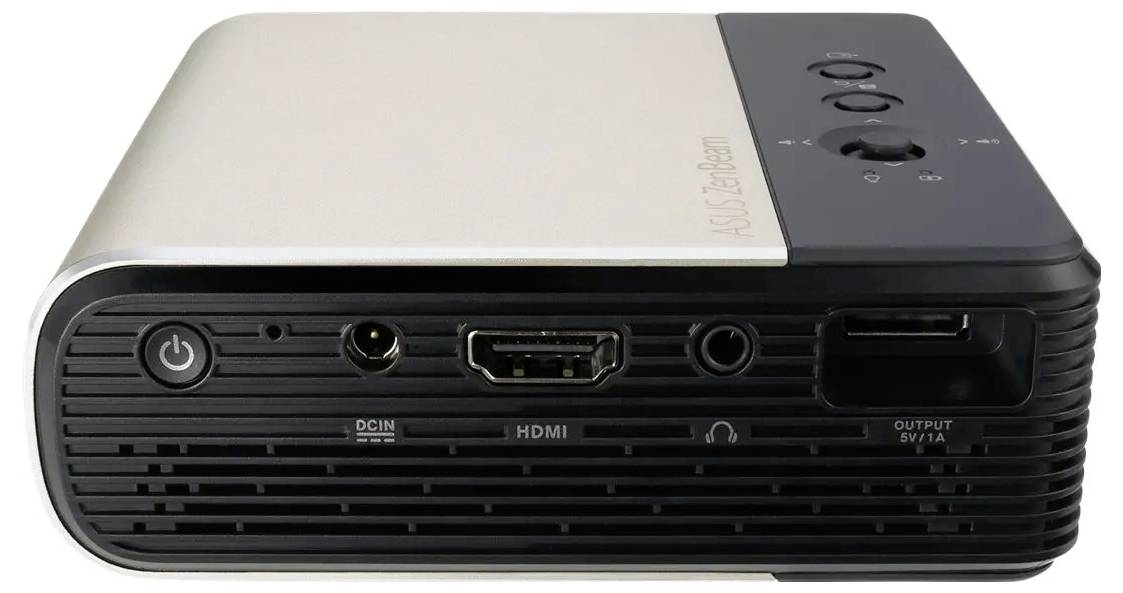 Ein kompakter Projektor mit Strom-, HDMI- und USB-Anschlüssen auf der Frontplatte, entwickelt für vielseitige Multimedia-Konnektivität.