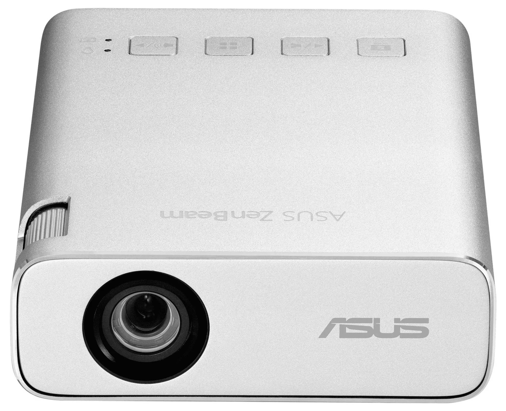 Tragbarer Mini-Projektor von 'ASUS' mit einer Linse auf der Vorderseite und Bedienungstasten auf der Oberseite. Geeignet für kompakten, mobilen Einsatz.
