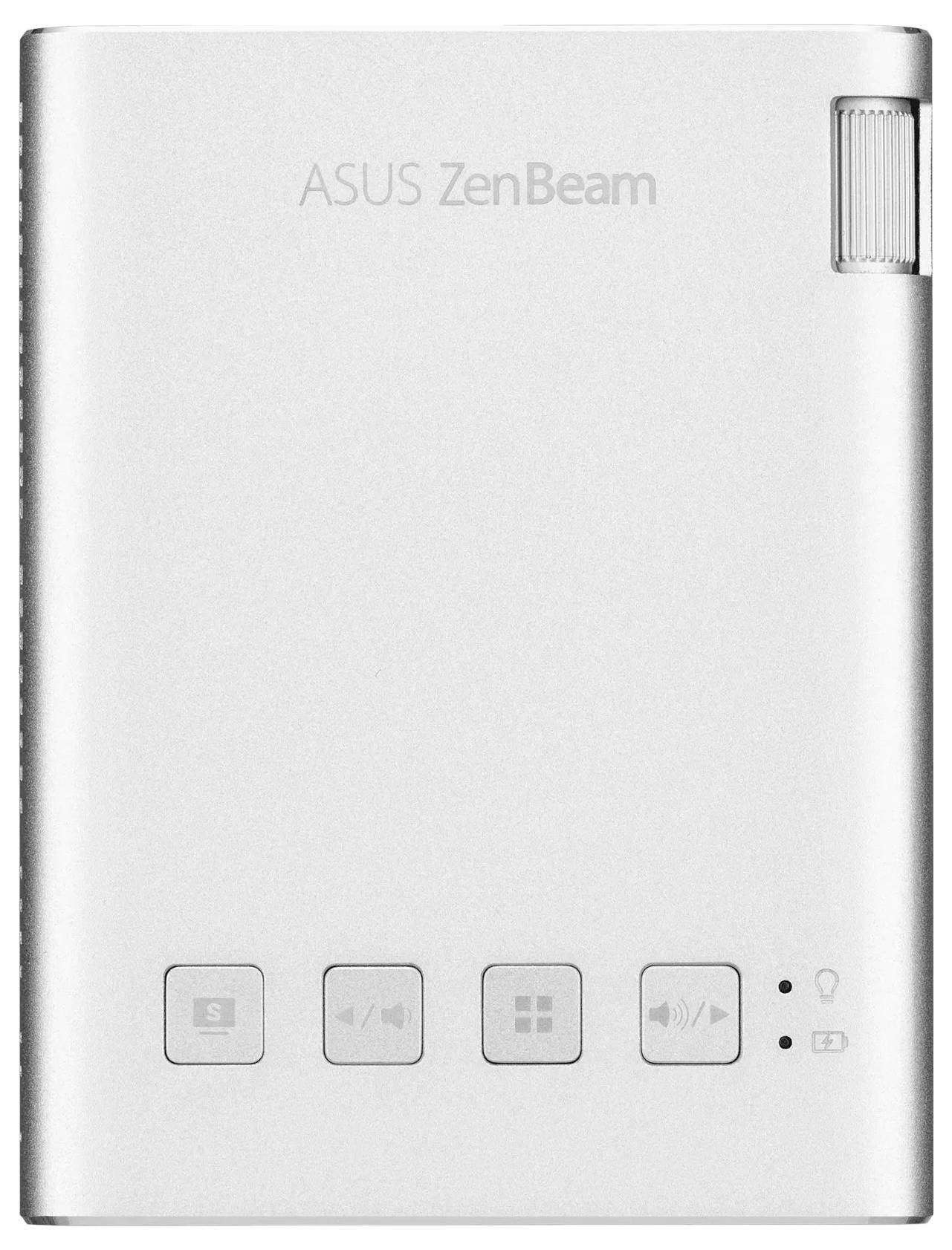 Ein kompakter, silberner ASUS ZenBeam Projektor mit Bedienungstasten und einer Fokussiereinstellung oben, entwickelt für mobile Multimedia-Präsentationen.